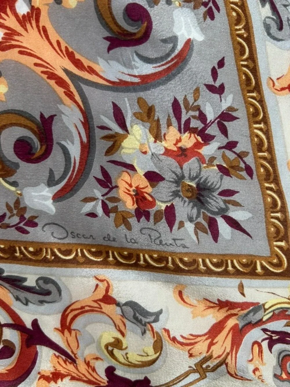 Oscar de la Renta gold burgundy floral Silk vintage Spring hand sewn scarf 31 sq